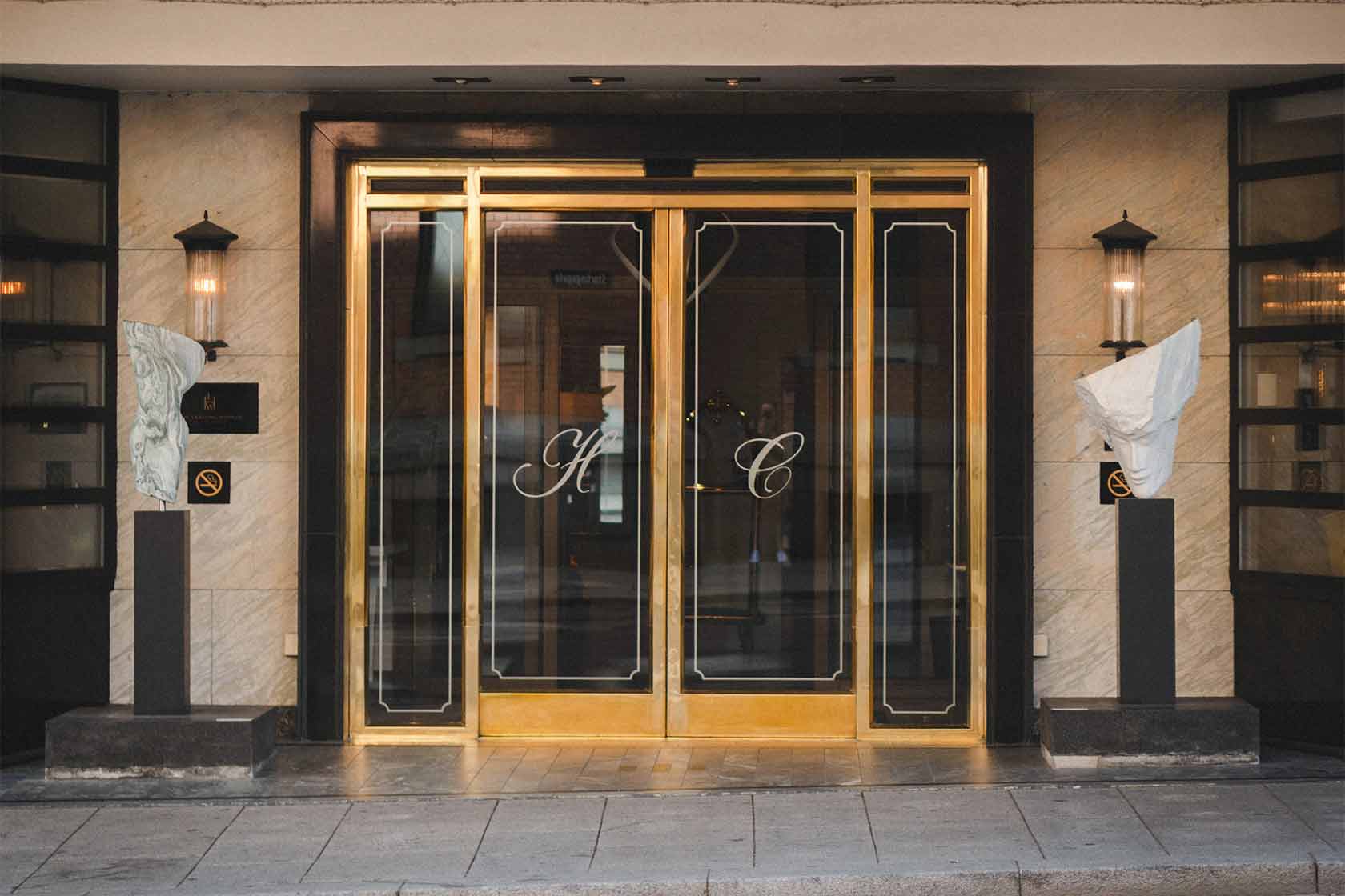 Sculptures outside of Hotel Continental